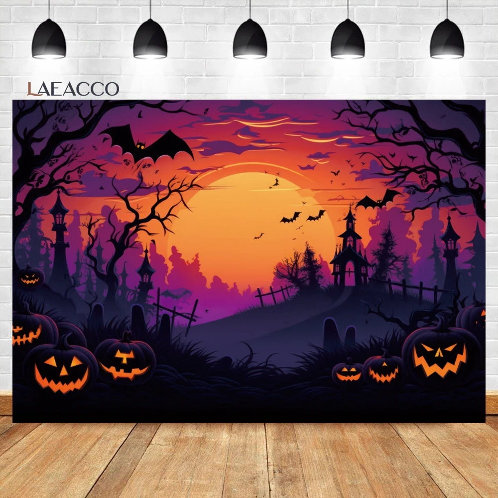 Laeacco-Halloween Fotografia Backdrop, Lua cheia assustador Night Castle, Abóboras Moonlight Bat, Horror Retrato de Fundo para Crianças e Adultos