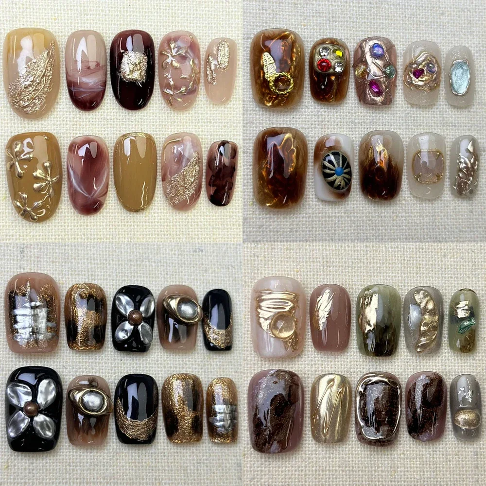 

10Pcs Cute Handmade Manicure Short Round Square False Nails Maillard Cat Eye Magic Mirror Powder Detachable Fake Nails Gift
