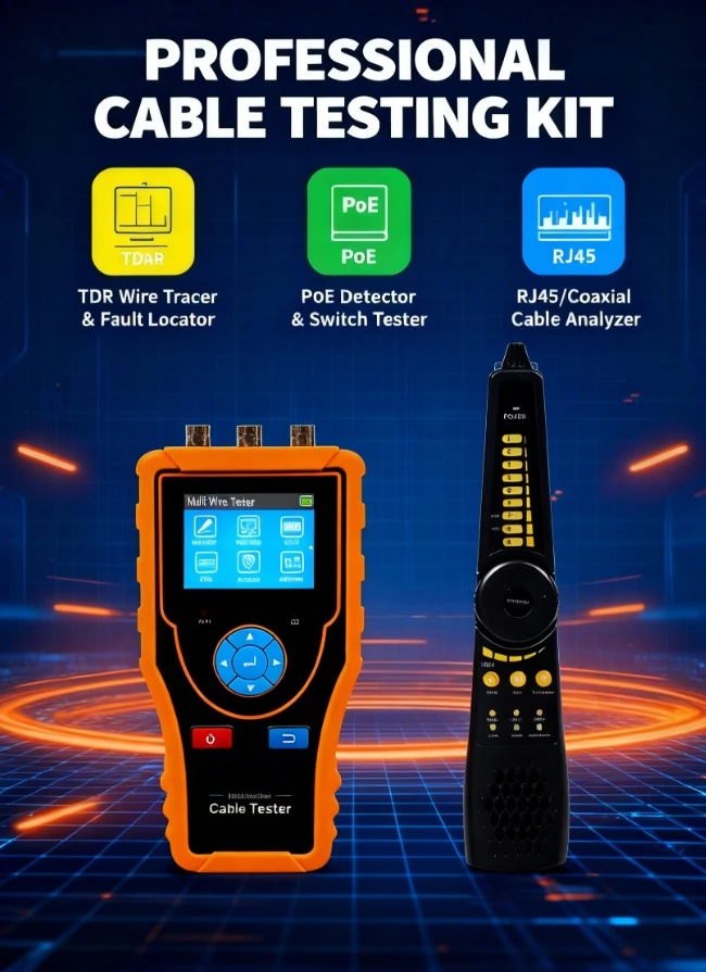 Network Cable Tester Handheld TDR Cable Fault Locator with PoE Detector Video Level Meter for RJ45 BNC RJ11 Cable Maintenance