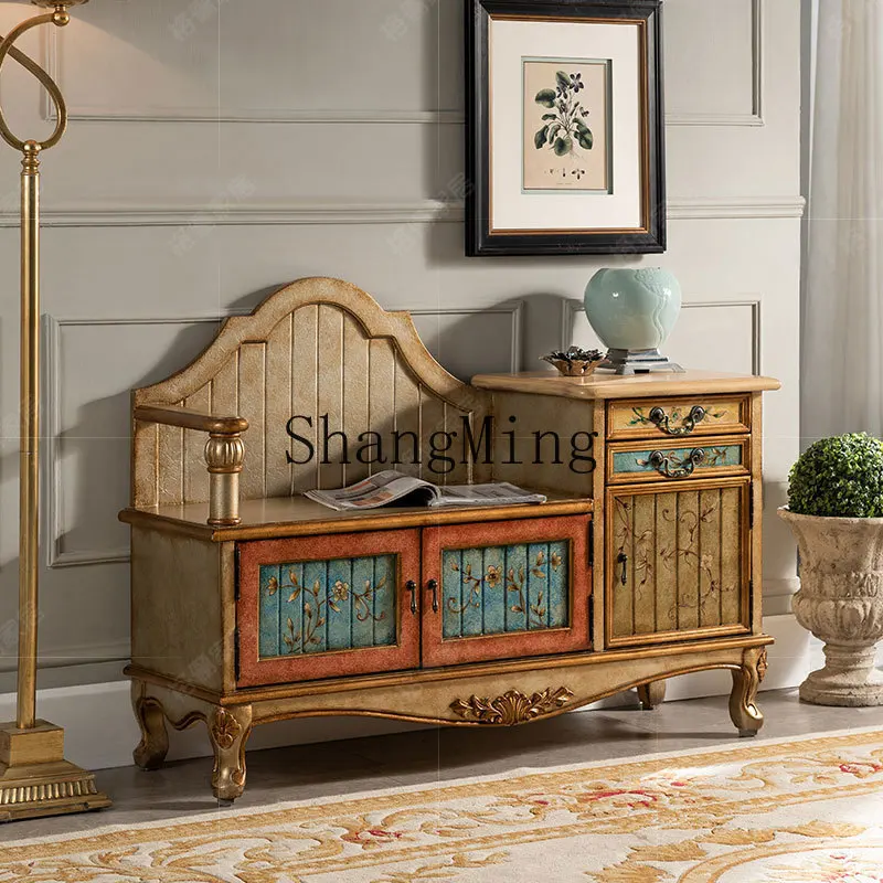 

FG New Chinese Retro Painted Storage Shoe Cabinet Multifunctional Walnut Casual Creative Shoe Stool