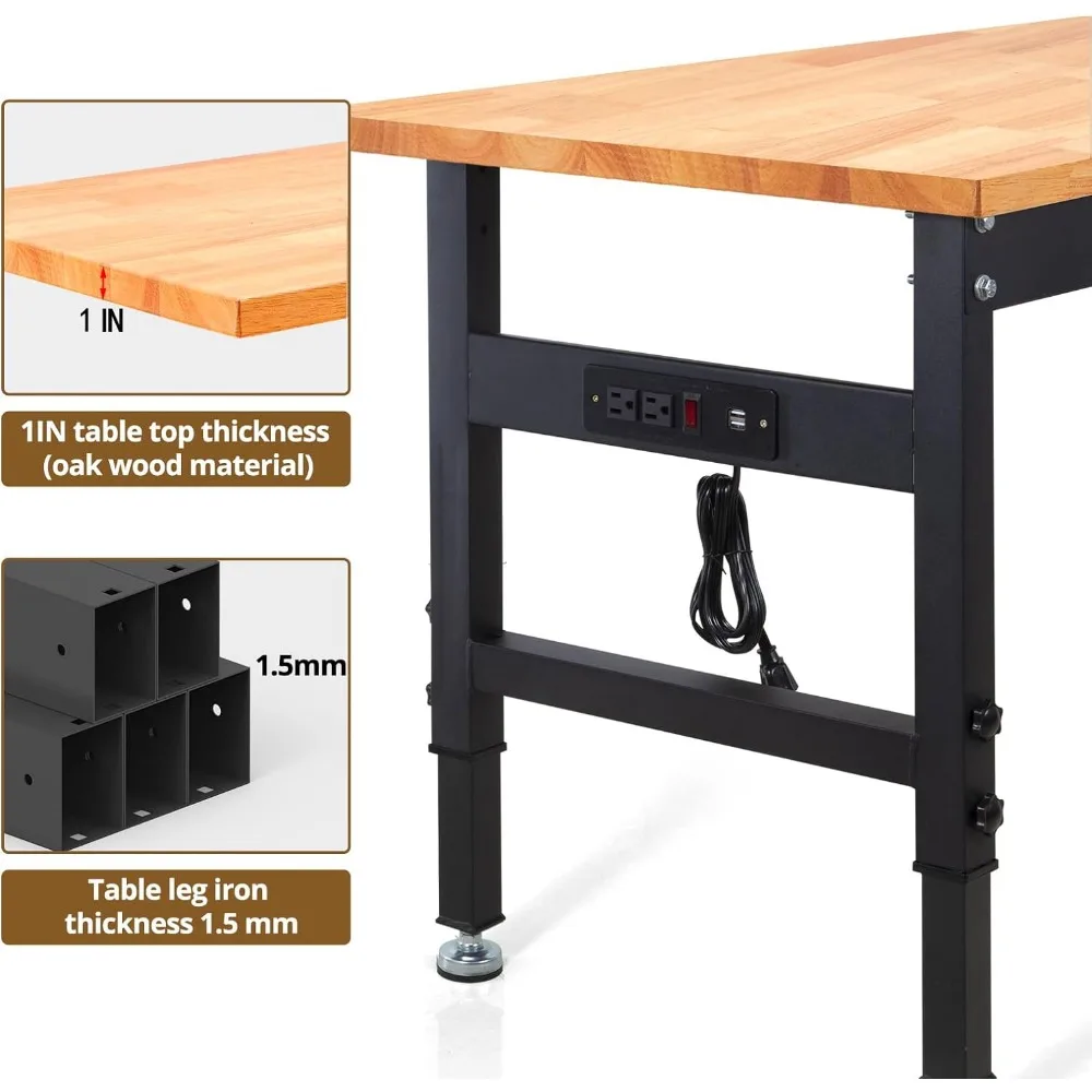 Work Bench, Height Adjustable Workbench Heavy Duty Oak Wood Desktop Work Table with Power Outlets for Garage, Workshop,