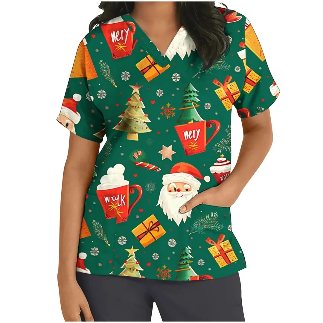 Nieuwe Kerst Verpleegster Uniform Scrubs Vrouwen Cartoon 3D Print V-hals Korte Mouw Pocket Overalls Uniformen Medische Verpleging Werken