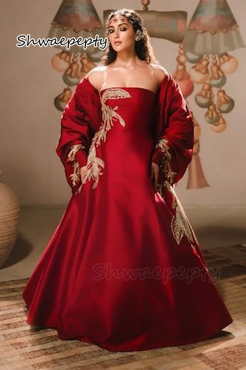 

Dark Red Strapless Evening Dress with Long Sleeves Wrap Golden Embroidery Perfect for Prom and Party Customized Robe
