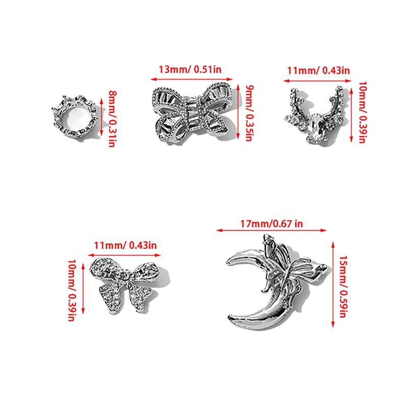 Metal Bow Knot Nail Charms, 3D Decorações prego, liga prateada Acessórios, Manicure Rhinestone, Jóias Diamante, Nail Art Salon, 5pcs