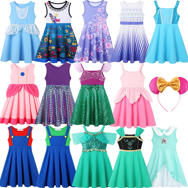 2025 Childrens Elsa Anna Sleeveless Colorful Costumes Dresses Girls Cotton Print Casual Dress Girls Summer Daily Oufit Vestidos