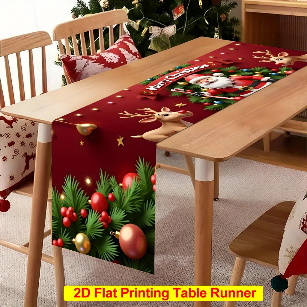 2D‑Printed Santa Two Reindeer Table Runner, Decor for Dining Table, Coffee‑Table, Gatherings, Indoor‑Outdoor Parties