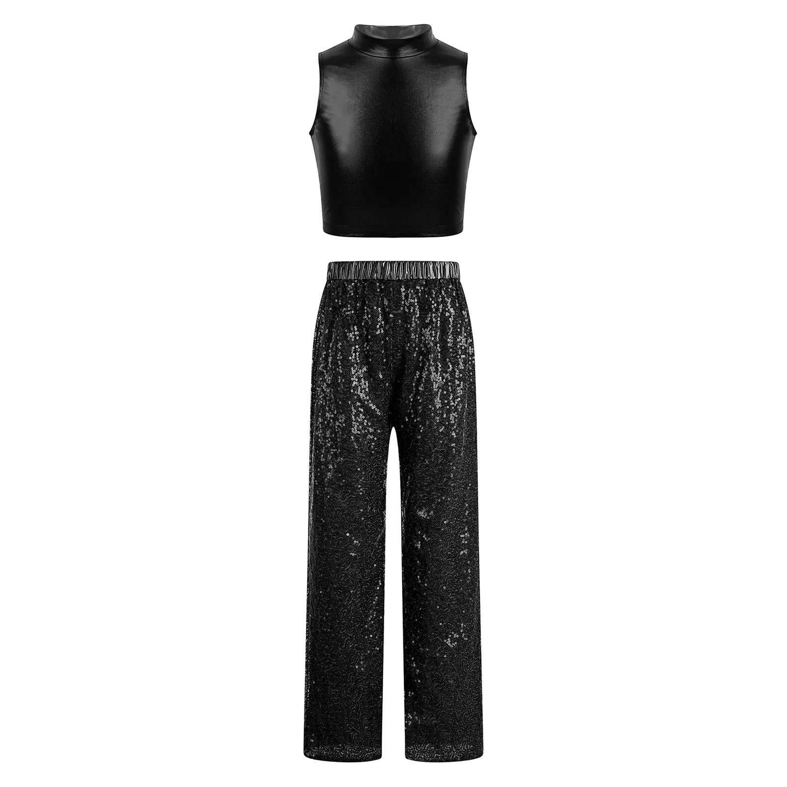 

Kids Girls Shiny Jazz Modern Dance Performance Cheerleader Street Dance Clothes Outfit Sleeveless Crop Top with Sequin Pants
