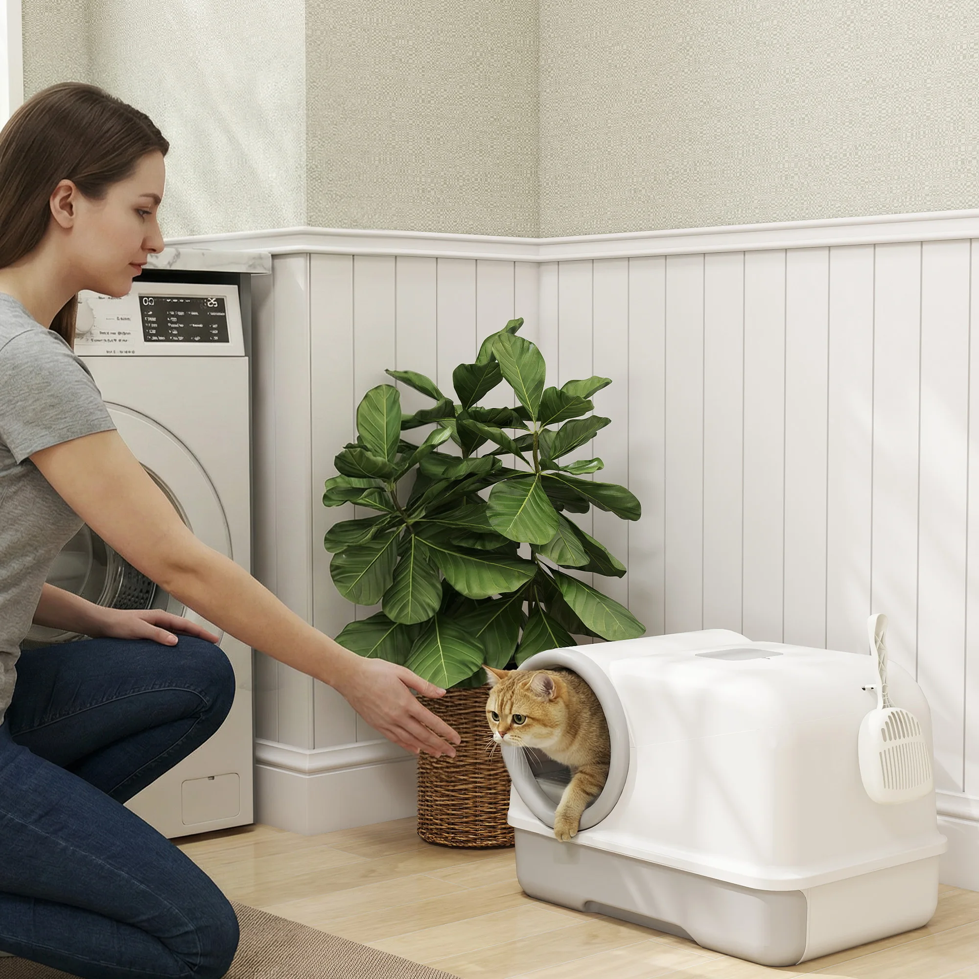 Pawhut Lettiera Per Gatti Con Coperchio, Toilette Per Gatti Con Vassoio Con Paletta E Sacchetti Deodoranti, Facile Da Pulire, Bianco E Grigio-image