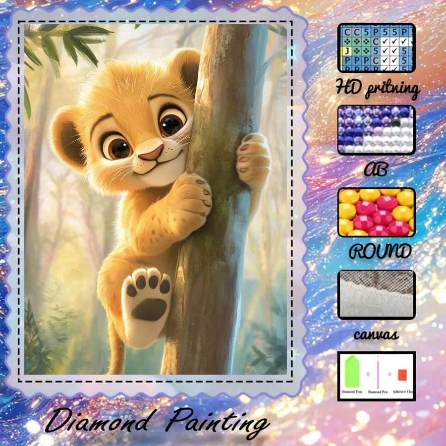 

1 piece - Potdemiel-5D-DIY - Flocking cloth - Special drill - Diamond painting set - Lion cubs, trees - Diamond art