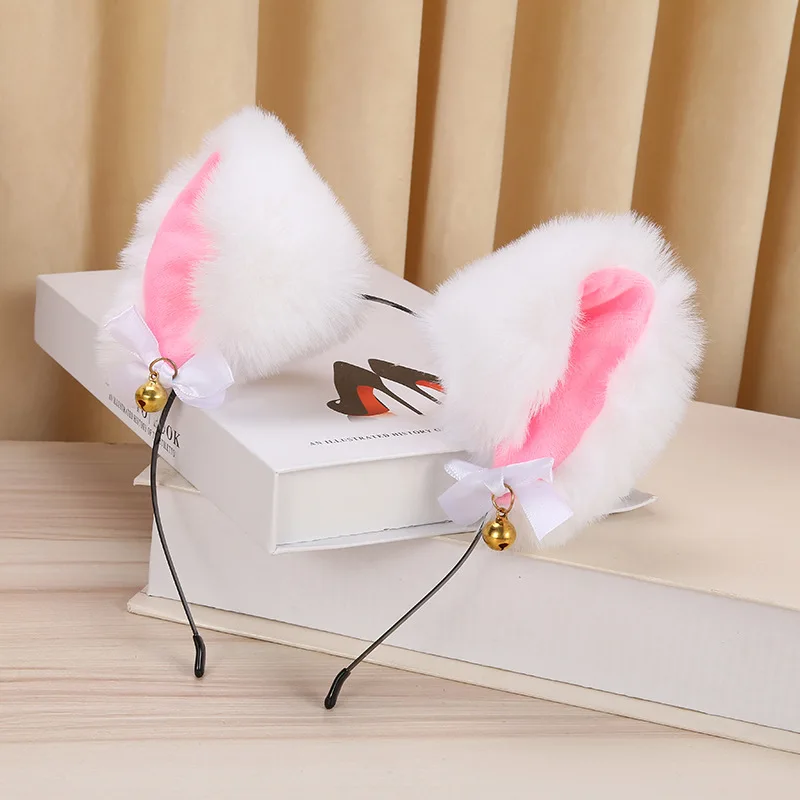 Plush Rabbit Sexy Cat Ears Headband for Women Girls Lace Bow Necklace Plush Bell Hairband Cosplay Masquerade-Party Costume Hair