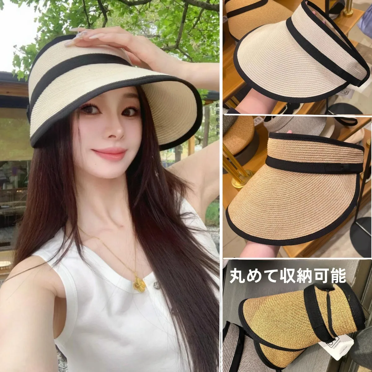 女性用カジュアルサマーストローハット-ca4la-日焼け止めキャップ-中空トップビーチサンシェードハット-折りたたみ式つば広帽子-ビーチやレジャー用