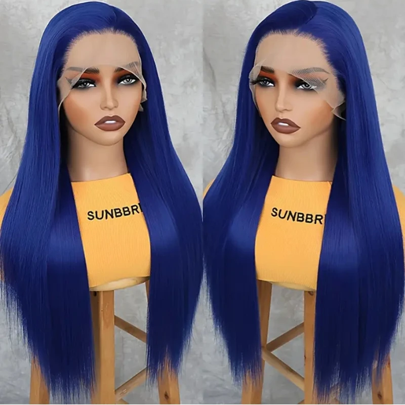 

Синтетические парики с кружевной передней частью 13x4, без клея, с длинными шелковистыми прямыми волосами цвета Klein Blue, для женщин, для повседневного использования и вечеринок, термостойкие.