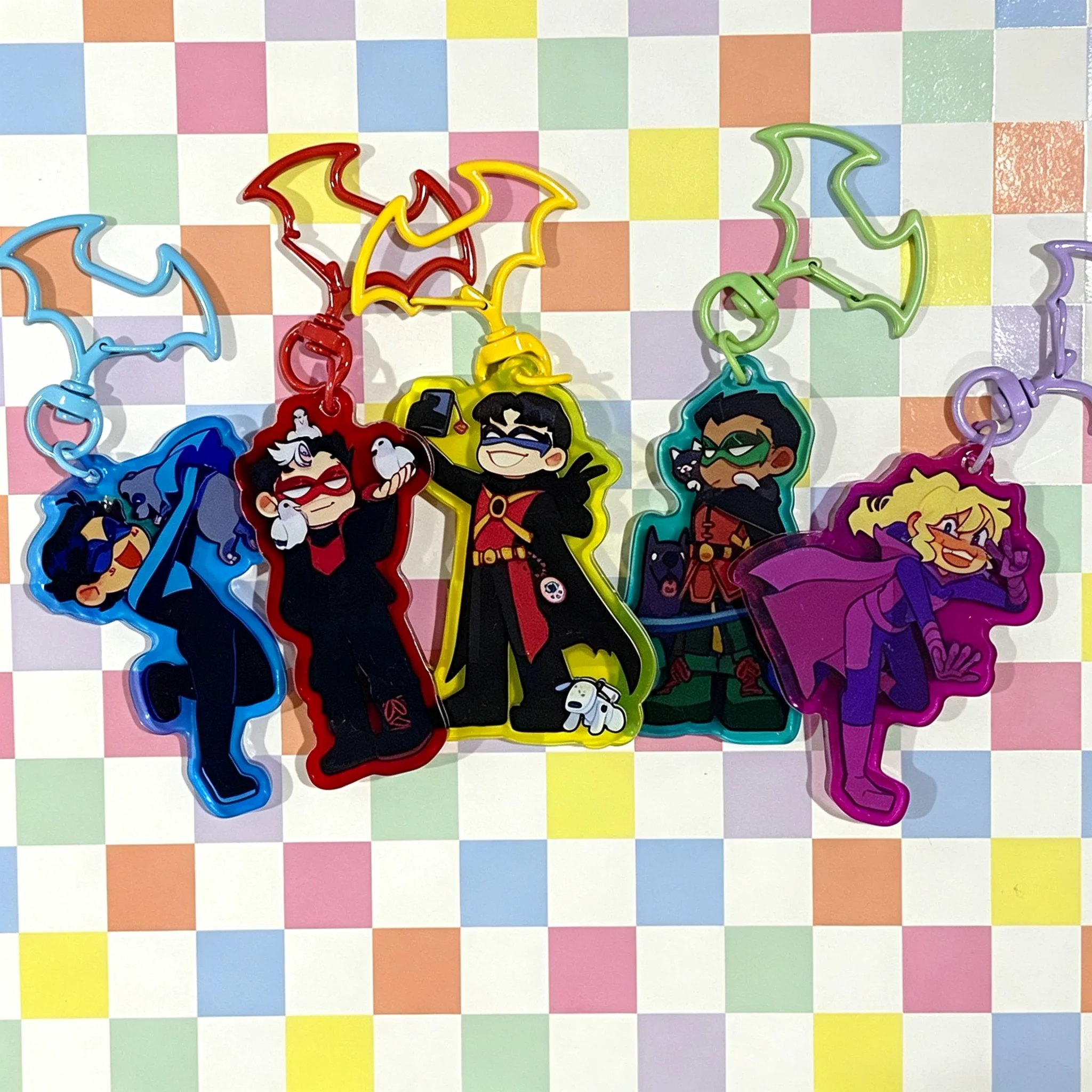 Cute Batfa Bird Charms Acrylic Keychain Chibi NighTWing Red Hood Robin Bat girl Pendant Backpack Bag Decor Fan Collectible Gift
