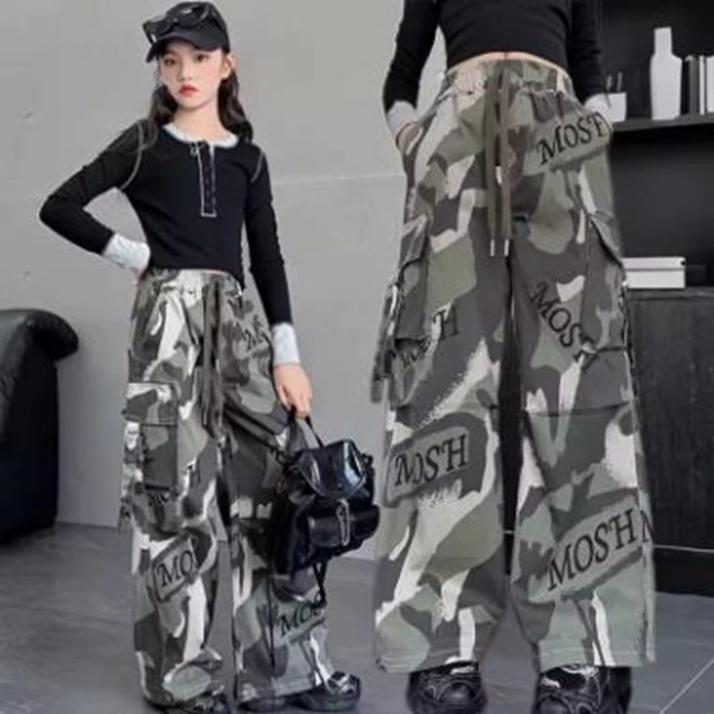 

Брюки-карго в стиле хип-хоп для девочек, новинка 2025, осенние детские спортивные штаны для уличных танцев для подростков, камуфляжные брюки для девочек, крутые широкие брюки