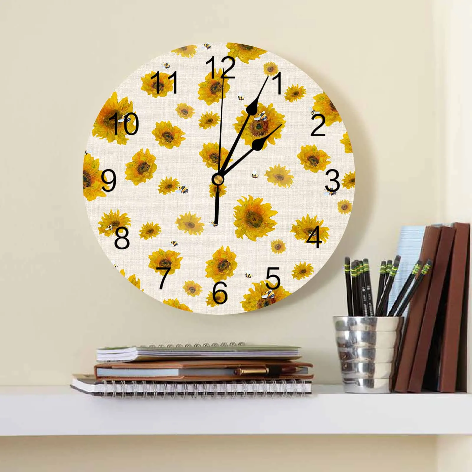 Sunflower Bee Oil Painting Wall Clock Large Modern Kitchen Dinning Round Wall Clocks Bedroom Silent Hanging Watch