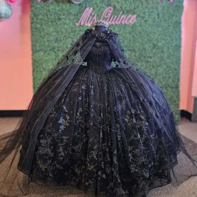 Vintage schwarz mexikanischen Ballkleid mit Umhang schöne Applikationen Perlen von der Schulter Geburtstags kleider Schnür Vestido de Princesas