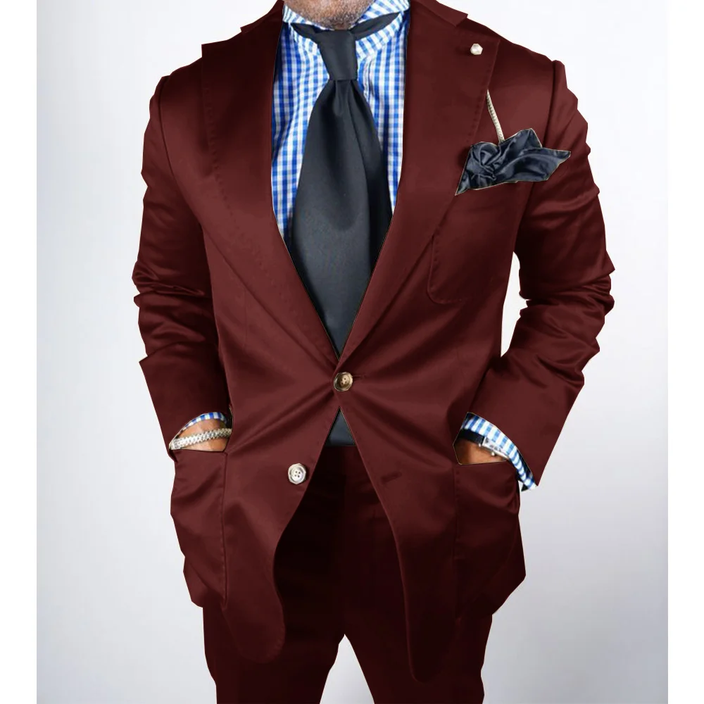 Men's Satin Suit Two-piece Set Flat Collar Single-breasted Casual Suit Suit Comfortable and Fashionable Commuting Suit Man Suits