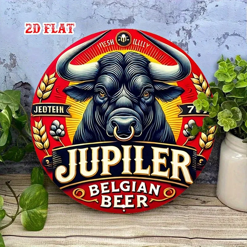 2D flach 1 Stück belgisches Jupilerbier rundes Holzlogo, kräftiges Stierkopf-Design, geeignet für Zuhause, Garage, Café, Bar
