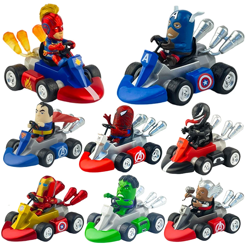 12cm Anime Marvel Spiderman Pull Back Car Captain America Iron Man Spider-Man Hulk Figure Toys PVC model Doll Kid Birthday Gifts