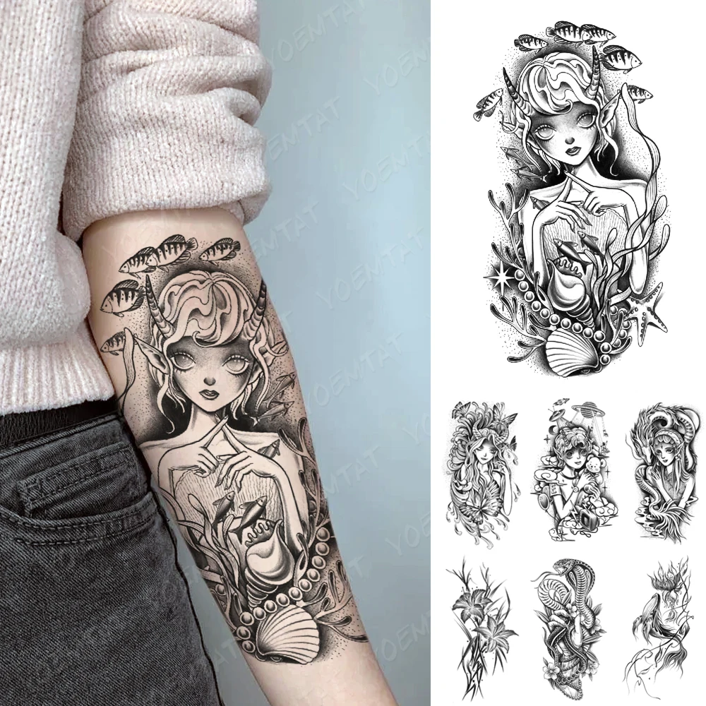 Waterproof Temporary Tattoo Sticker Cartoon Satan Girl Mermaid Pearly Shells Sea Flash Tattoos Arm Women Fake Tatoo Body Art Men