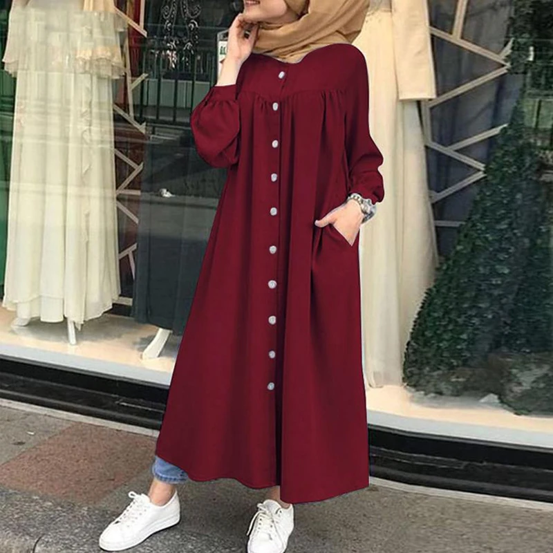 Women\'s Muslim Abaya Robe Abaya Modest Long Sleeve Round Neck Single Breasted Dresses Kaftan Ramadan Casual Loose Long Dress