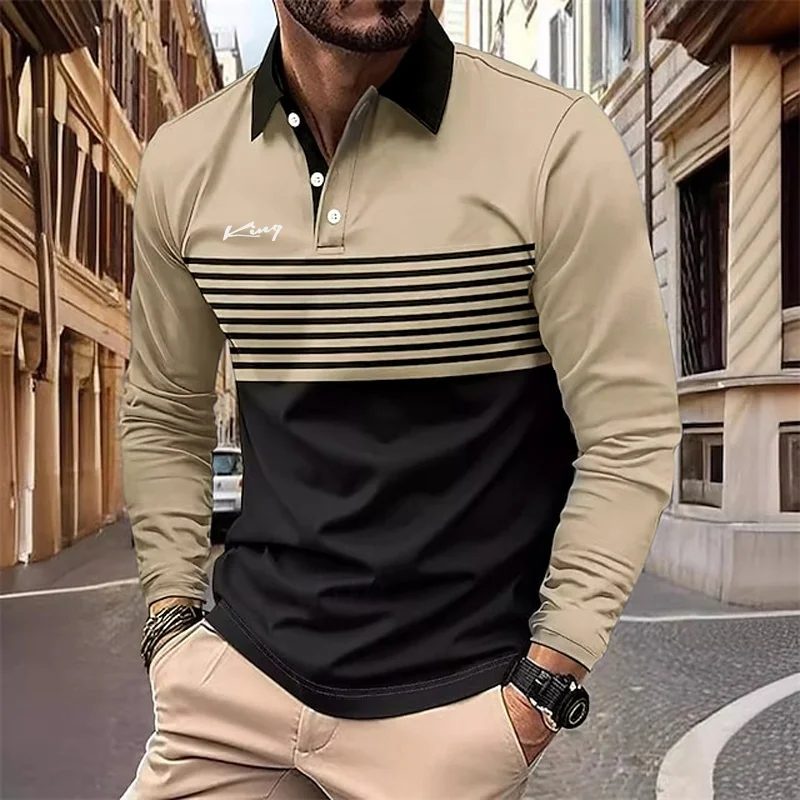 

Autumn Winter 3D Stripes Pattern Golf Men's Long Sleeve Polo Shirt Business Casual Formal Turn-down Collar Buttoned Men Clothing
