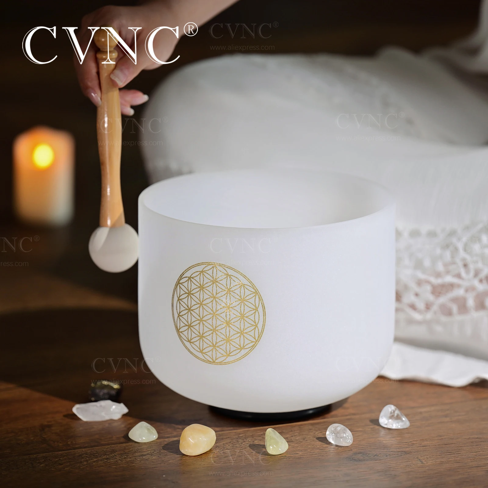 CVNC 8 Inch 440/432HZ Life Flower Design Chakra Frosted Quartz Crystal Singing Bowl for Sound Healing meditation with Mallet