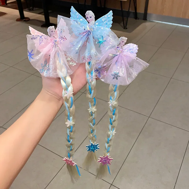 Disney Frozen Elsa Princess Kawaii Wig Braid Hairpin Accessories Girls Anime Figures Cartoon Toys for Kids Baby Hair Clip Gift