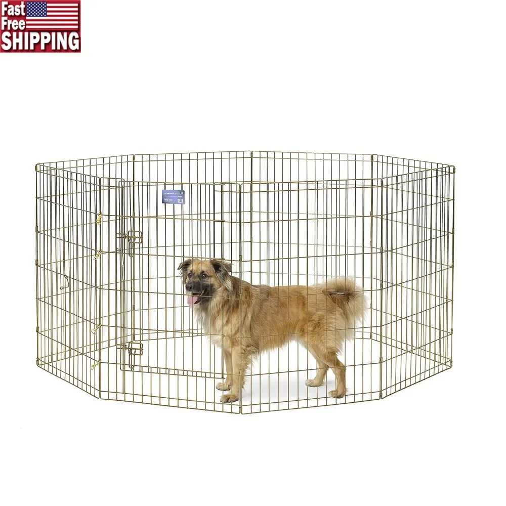 

Heavy Duty Metal Exercise Pen with Door Gold Zinc Finish Dogs Cats Indoor Outdoor Pet Playpen Rustproof Portable Folds Flat