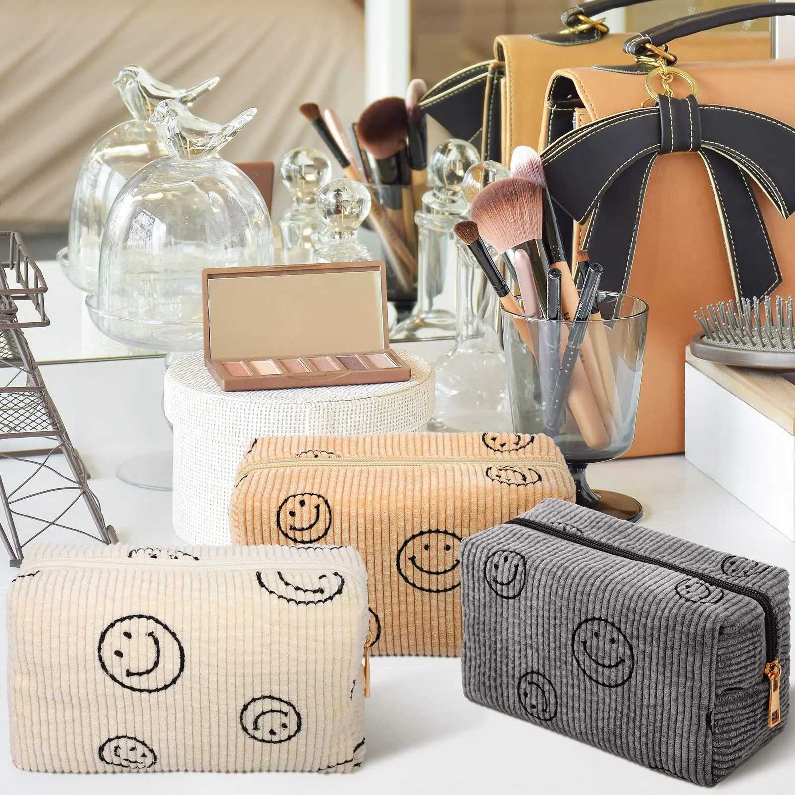 1PC Smiling Face Corduroy Makeup Bag with Large Capacity Storage, Wash Bag, College Style Travel Storage, Smiling Bag