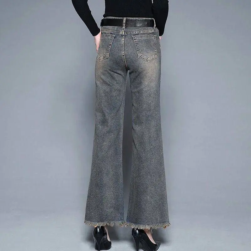 Original Design Embroidered Women High Waist Autumn Button Pocket Zipper Washed Bleached Do Old Loose Straight Flare Pants WJ279