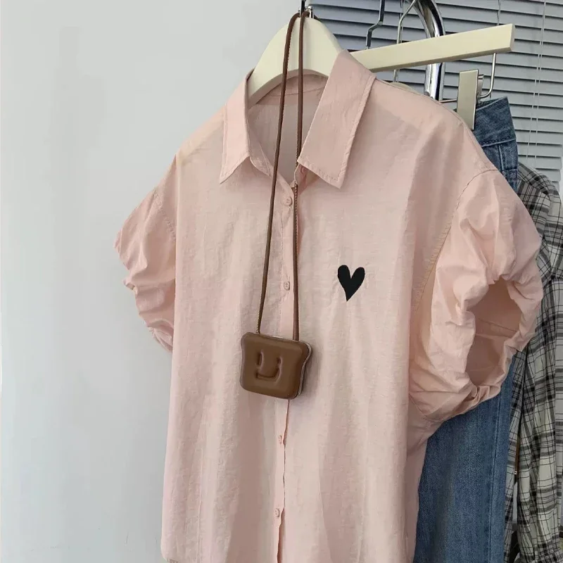 

Women High Street Embroidered Button Cardigan Elegant Vintage All-match Tops Summer New POLO Collar Fashion Puff Sleeve Shirt