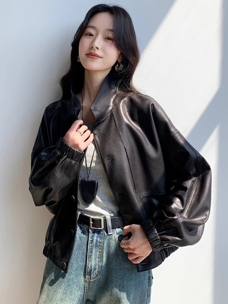 Giacche da moto casual corte in vera pelle da donna primavera autunno colletto alla coreana semplice di fascia alta cappotto morbido e morbido in vera pelle di pecora