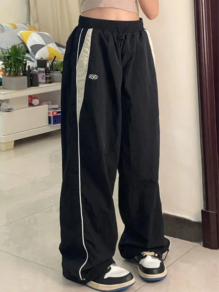 Y2K Women Vintage Black Korean Harajuku Baggy Parachute Track Pants Oversized Sweatpants Wide Leg Joggers Trousers 2000s Clothes