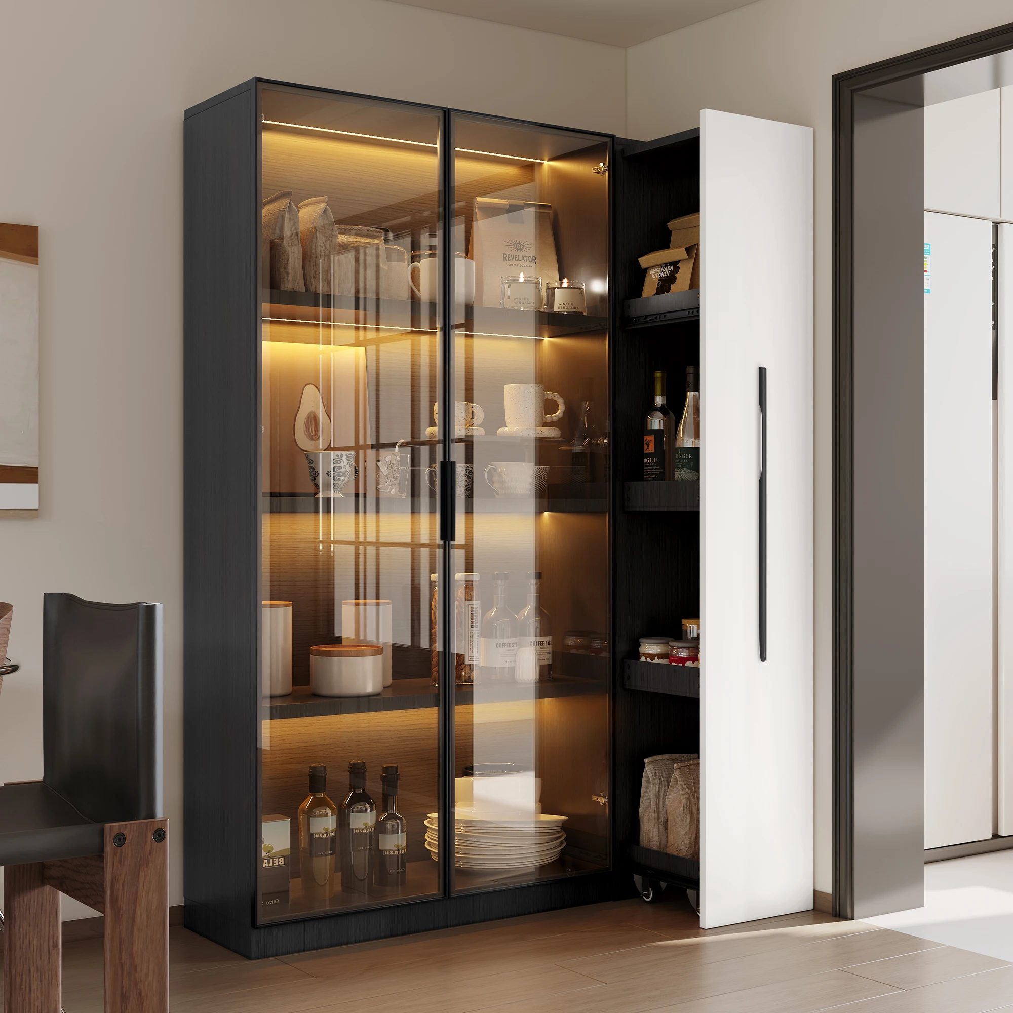 Multifunctional Cabinet 110.5×35×160 cm - Modern Display with Glass Door & LED, Versatile for Any Room.