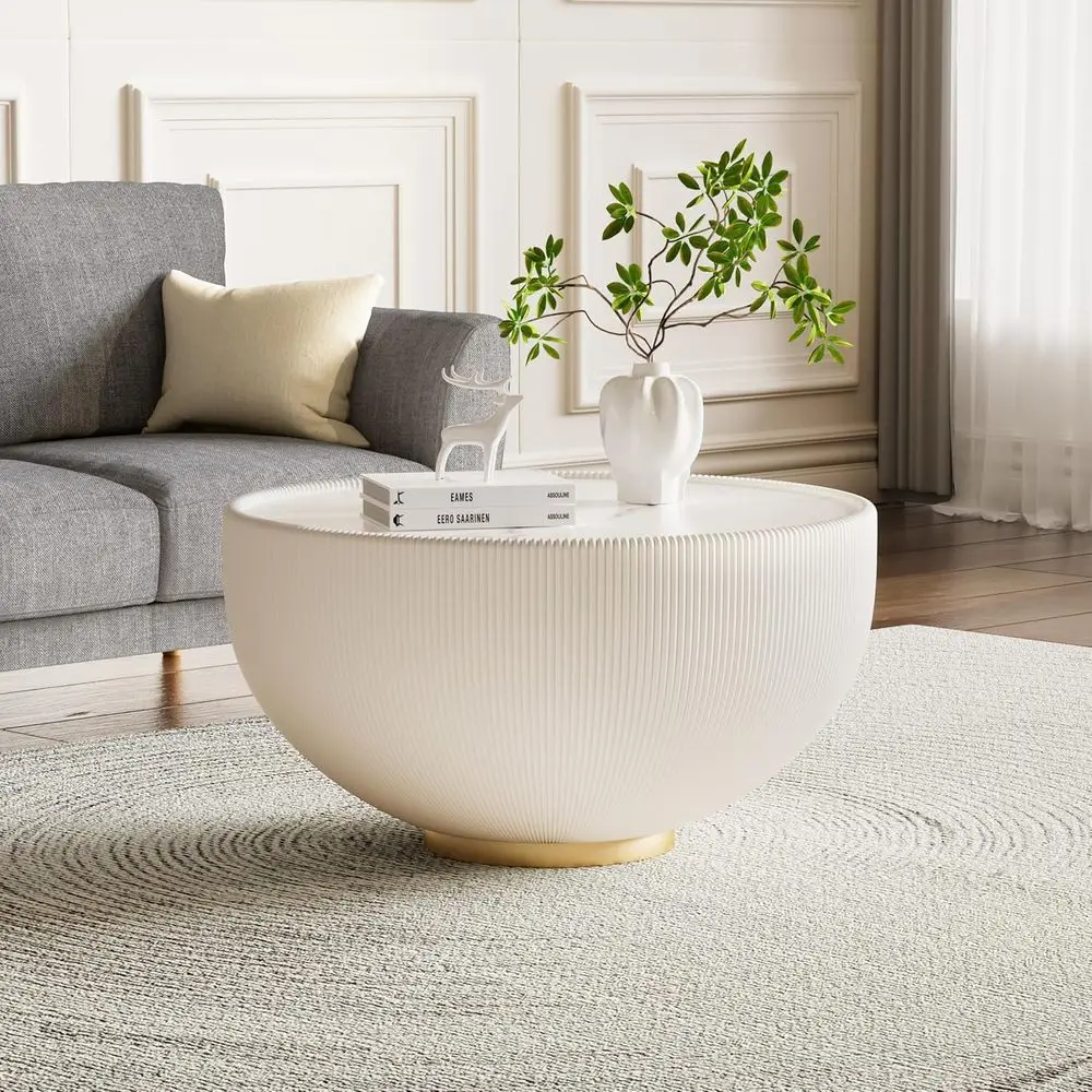 

White Round Coffee Table with Sintered Stone Top and PU Leather Base