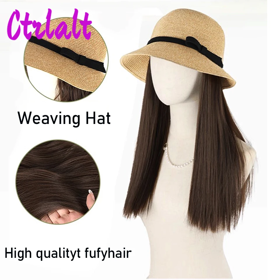 Topi Wig sintetis musim panas dengan rambut Wig hitam bergelombang menghubungkan Wig sintetis untuk penggunaan sehari-hari wanita rambut suhu tinggi