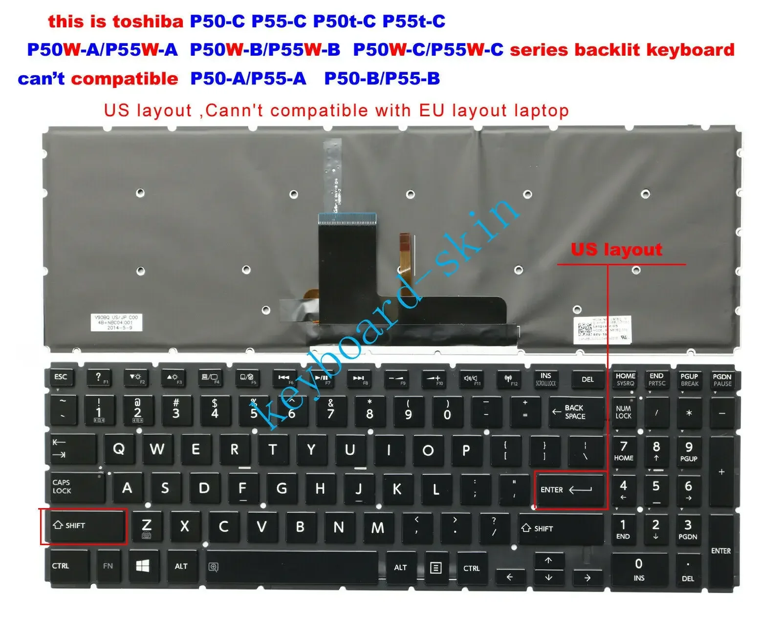 New US backlit Keyboard for Toshiba P50-C P50D-C P50t-C P55-C,P55D-C P55t-C NSK-V92BQ AEBLYU01110 9Z.NBCBQ.201