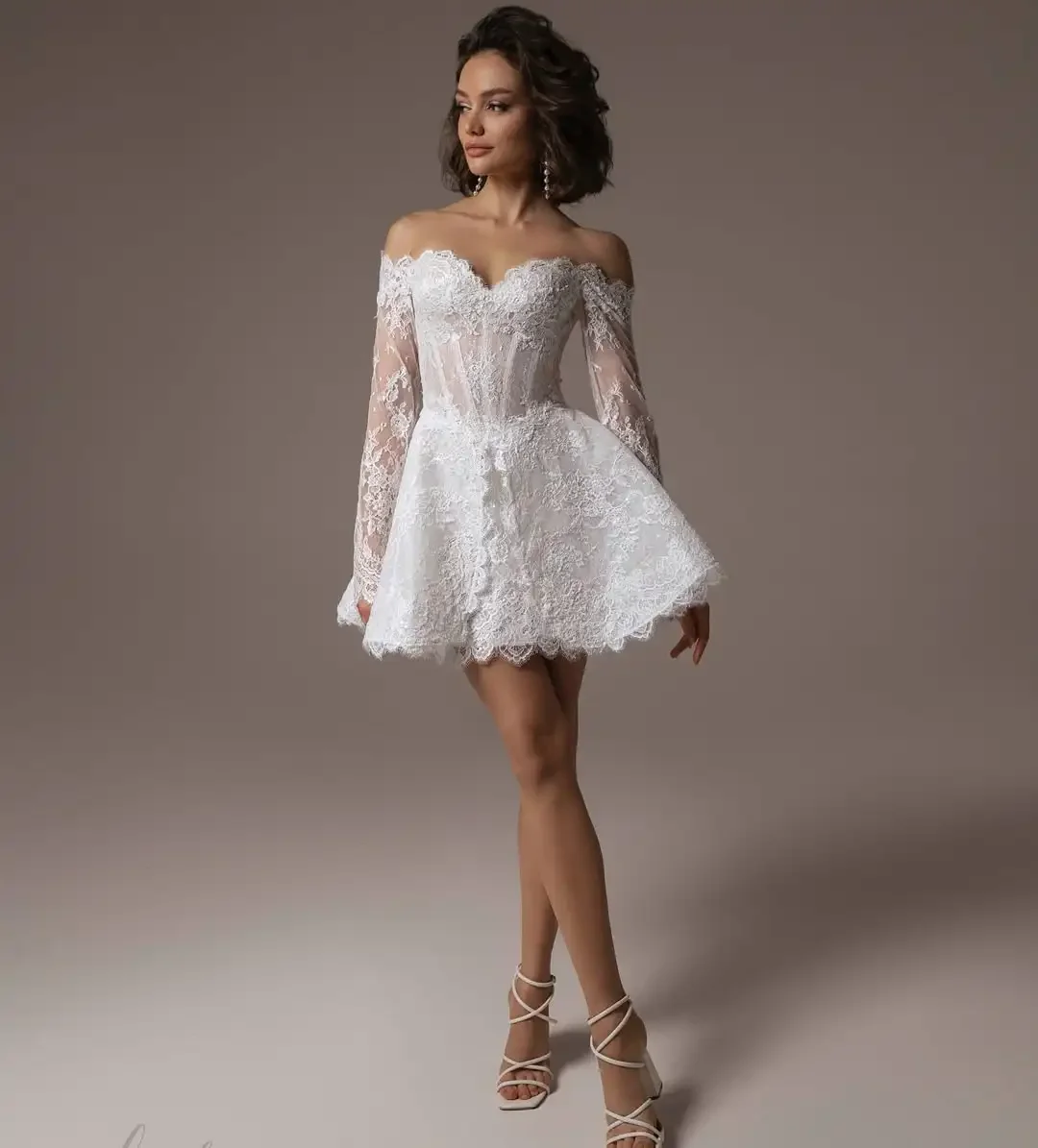 

High Quality Lace Short Wedding Gown Bridal Shower Dress Long Sleeves Charming Bridal Dress Party Dresses Customized