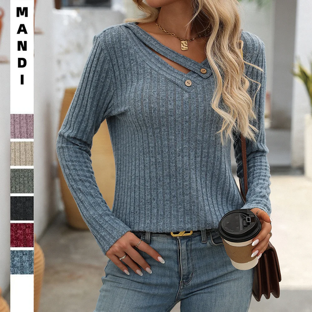Tops Women Top V Neck Buttons Full Sleeve High Street Irregular Solid Basic Y2k Streetwear Elegant Casual Work Slim Fit Shirts