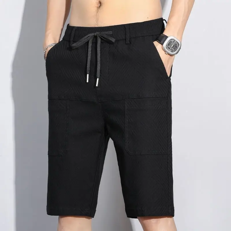 Summer England Men\'s Clothing Letter Geometric Printing Elastic High Waisted Pockets Drawstring Knee Pants Straight Cargo Shorts