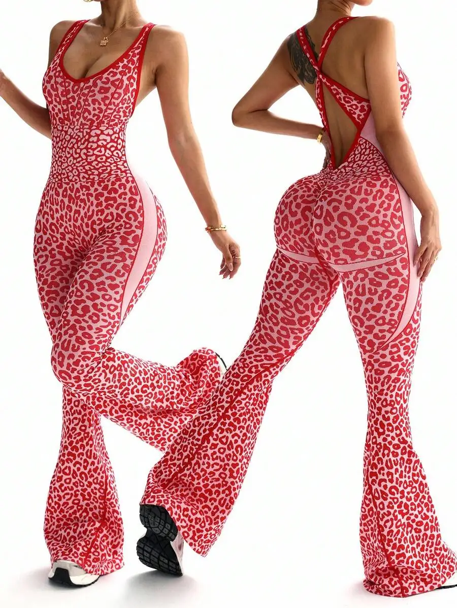 

Leopard Print V-Neck Twist Back Wide Leg Jumpsuit Y2K Style