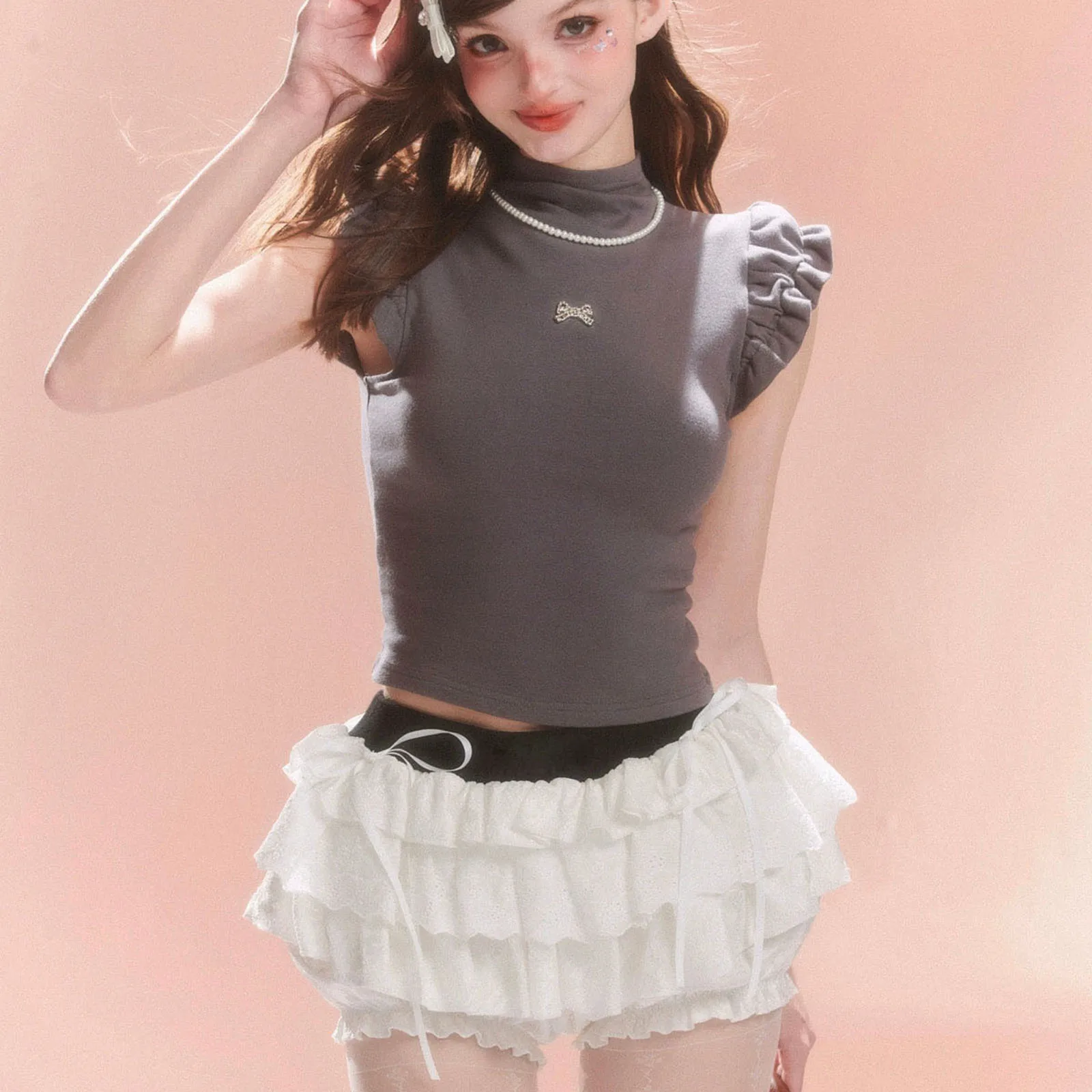 2000s Women's Clothing Trendy Sweet Kawaii Lace Skorts Elastic Waist Tie-Up Bow Layered Ruffled Shorts for Summer Streetwear