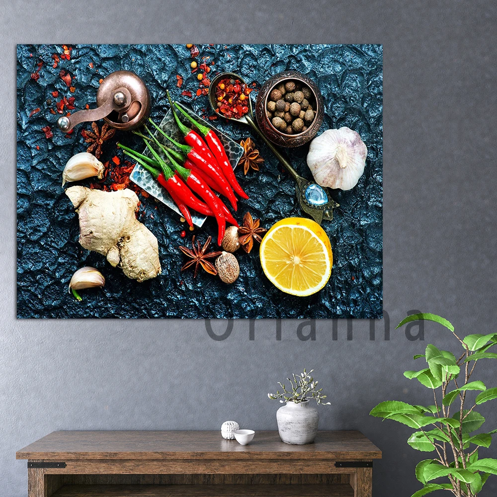 Herbs Spices Chilli Star Anise Lemon Ginger Garlic Canvas Wall Print Posters Modern Home Living Room Kitchen Decor Painting