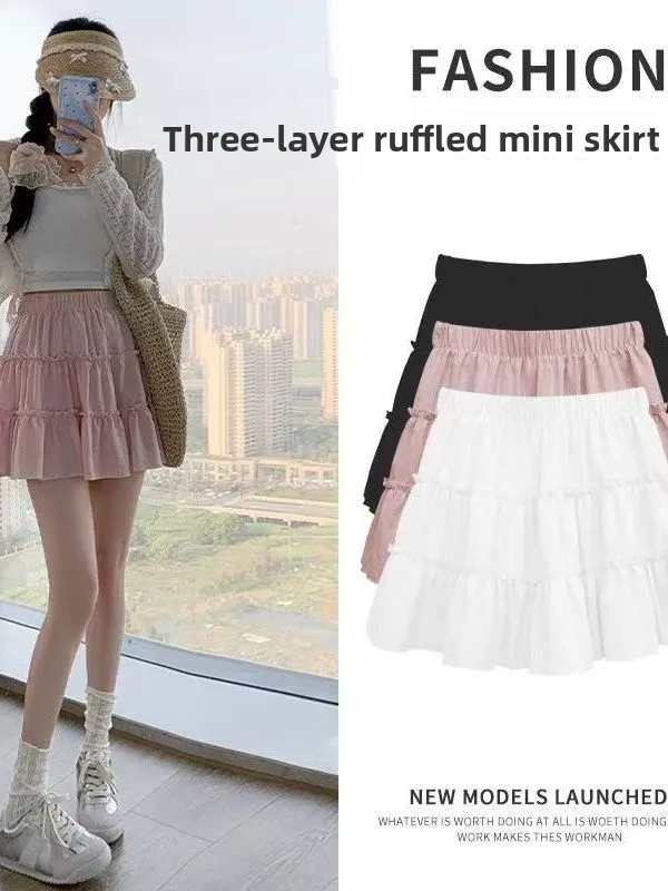 Summer 2026 New Gentle Cake High Waist A-Line  Skirt Women's Small Size Elastic Anti-Light Fluffy Princess Style Skirt