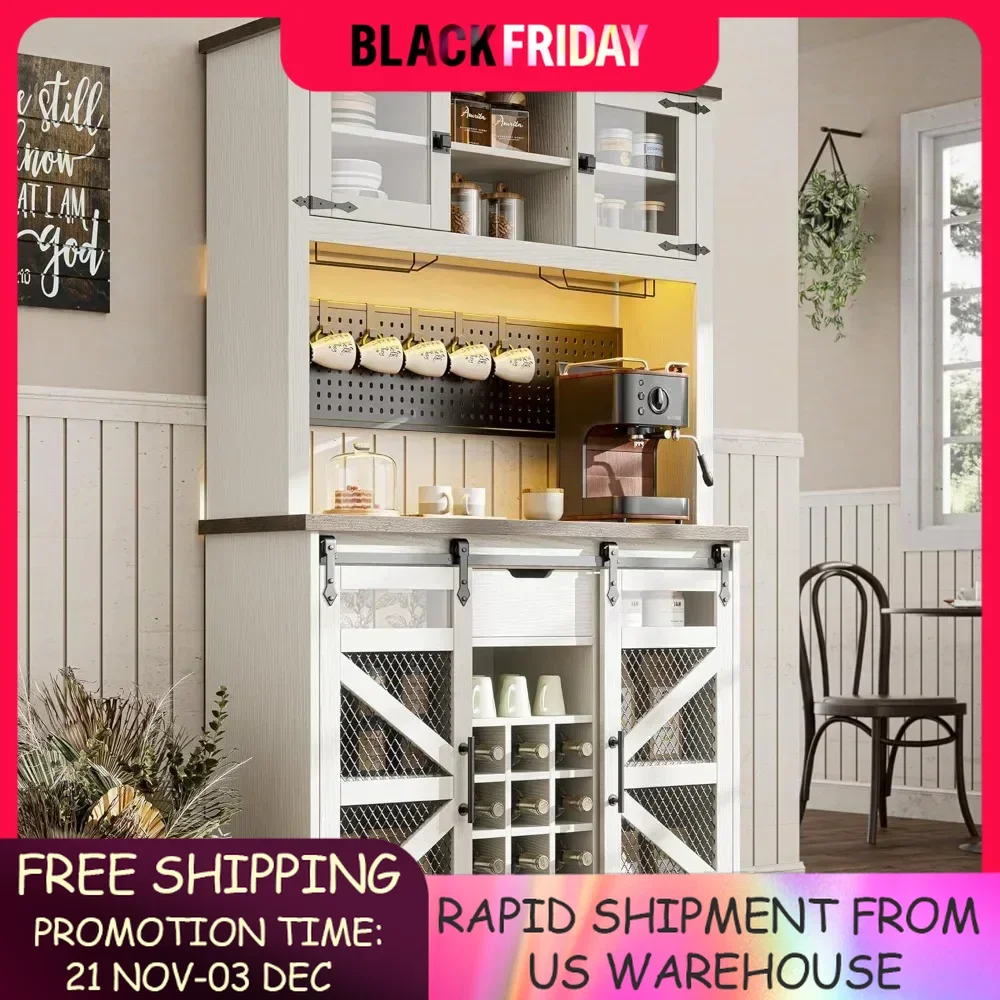 Versatile Farmhouse Cabinet with Storage,Power Outlet, LED Light  Liquor Cabinet | Coffee Bar Cabinet  for Home & Dining Room