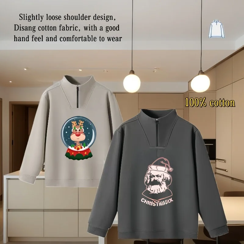 Santa Claus and Reindeer Stand-Collar Long-Sleeve Pure Cotton Sweatshirt Top, Loose-Fitting, Stylish