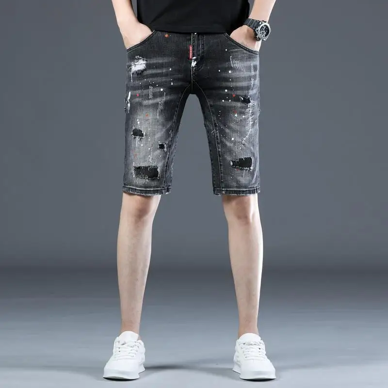 

Оригинальные мужские джинсы, рваные джинсовые шорты, мужские летние трендовые прямые короткие брюки с принтом чернил, черные полушорты для нищего