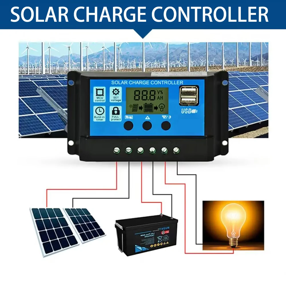 10A 20A 30A 12V 24V Auto Solar cells Panel Battery Charge Controller PWM Solar PV Regulators LCD Display 5V USB