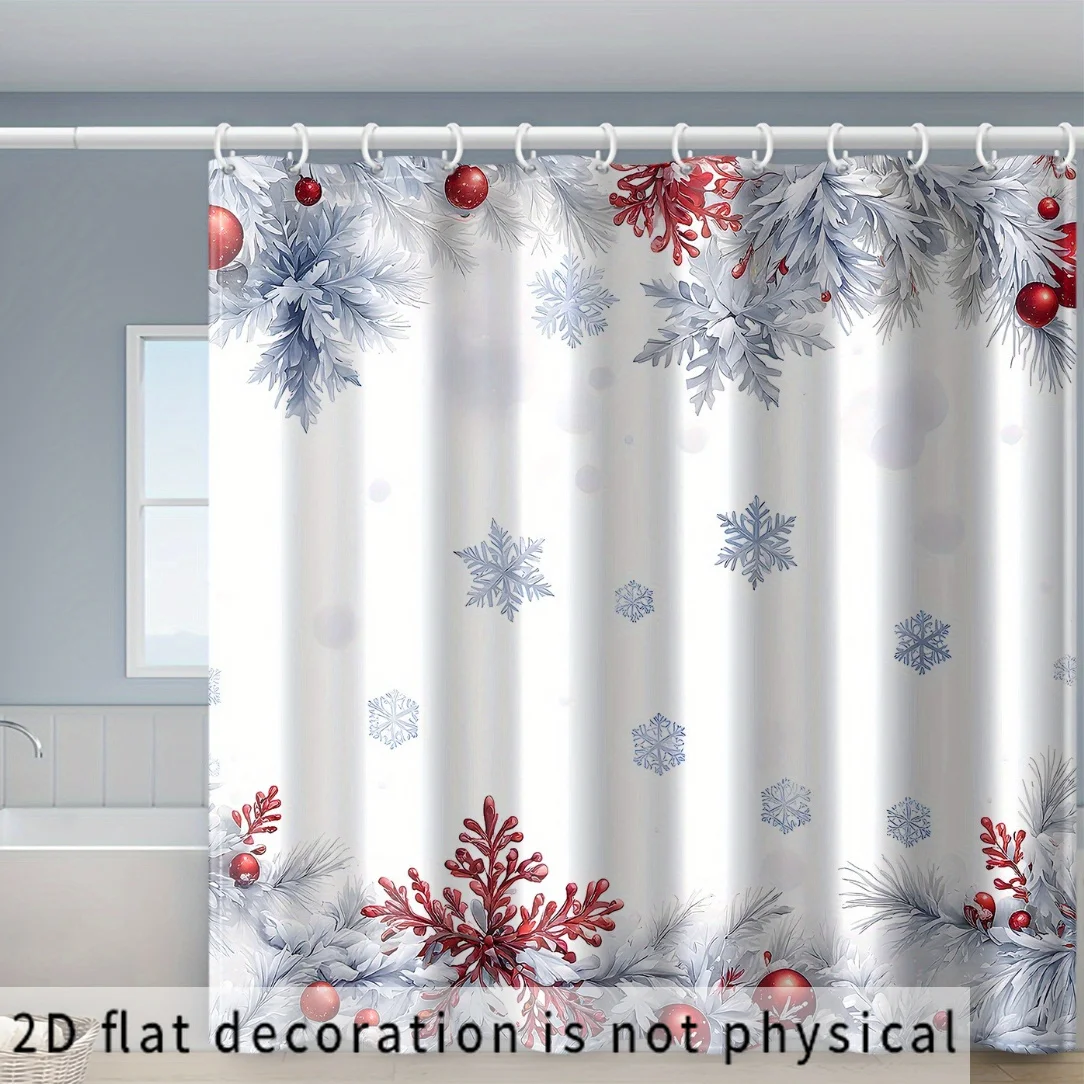 Premium Polyester Christmas Shower Curtain Winter Snowflake Pine Branch Bath Liner Waterproof Bathroom Holiday Decoration